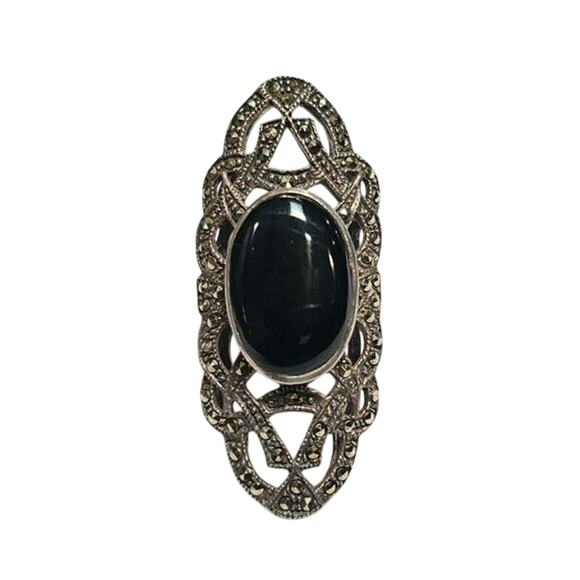 No Brand Jewelry - Large Vintage Sterling Silver Onyx & Marcasite Women's Ring - Size 6.25,  925